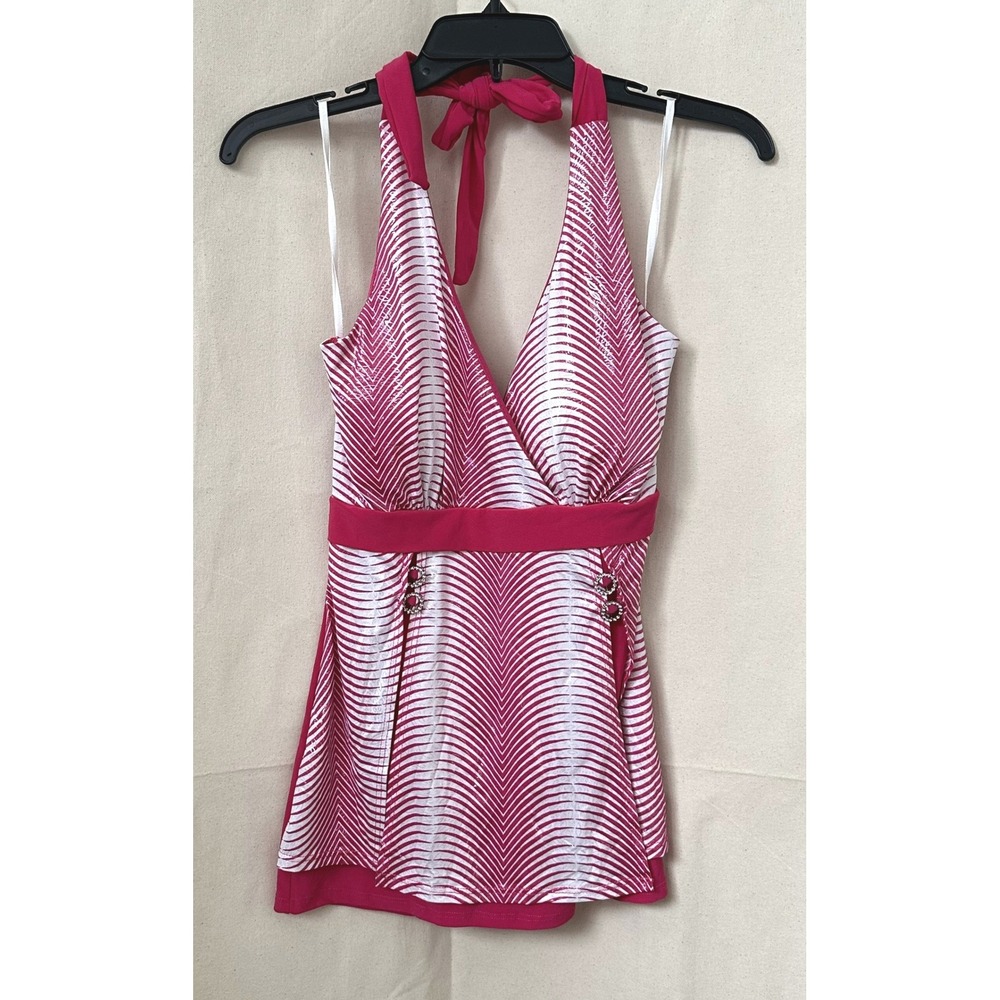 Y2K Coquette Gidani USA Pink White‎ Chevron Halter Neck Tank Top M Barbie Party